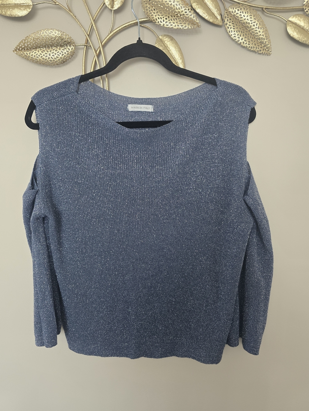 Metallic Navy Cold-Shoulder Crew Neck Sweater Made In Italy Cotton Size M